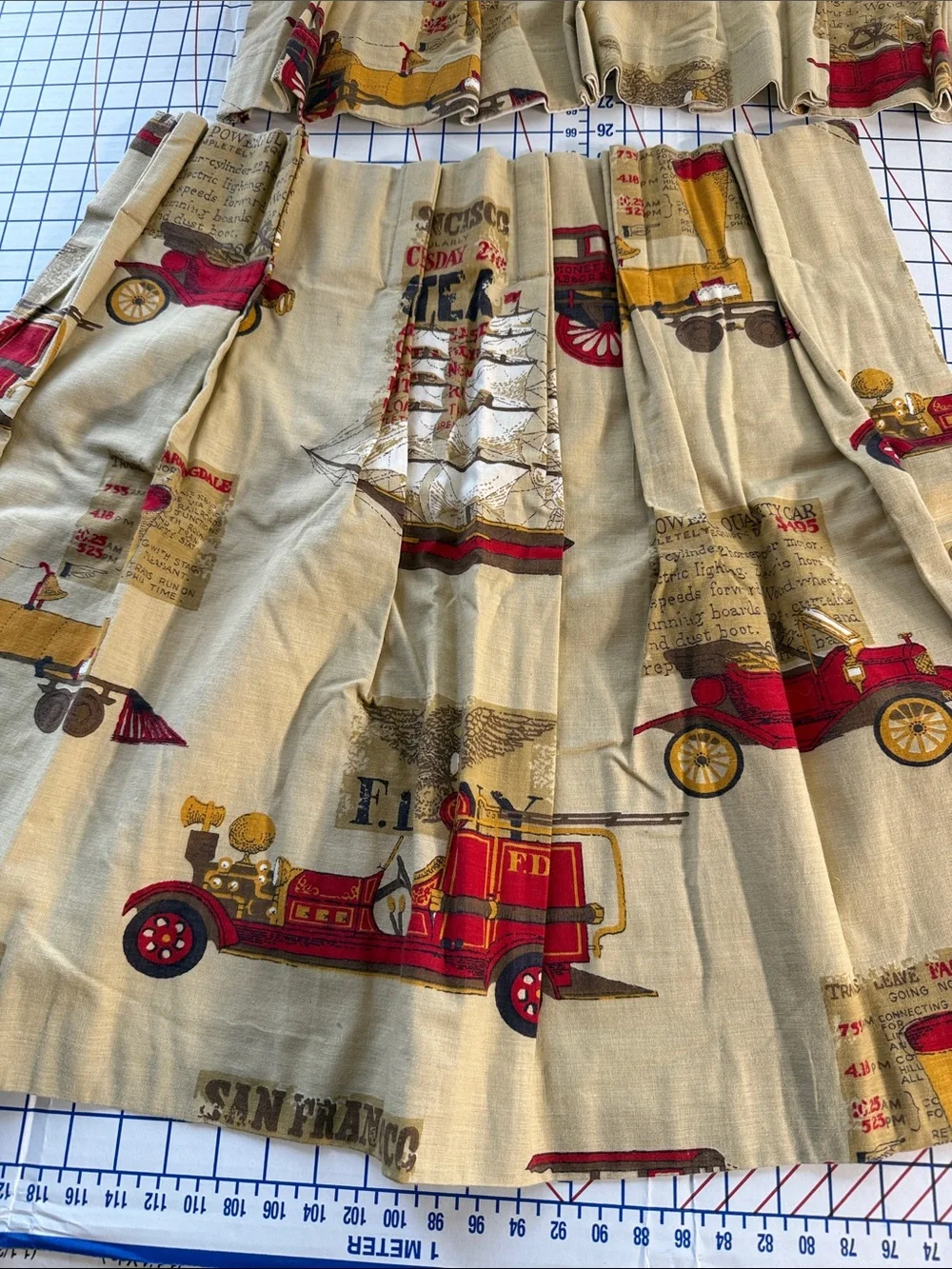 Vintage Mid Century Novelty Kitchen Curtain Set Cars Trains Ships Fire Engines